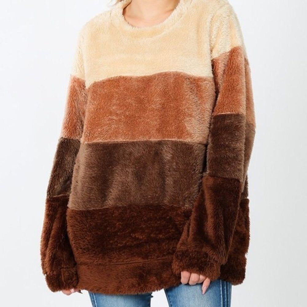 Zenana Large Cozy Soft Faux Fur Jersey Pullover Brown Colorblock Pockets Top